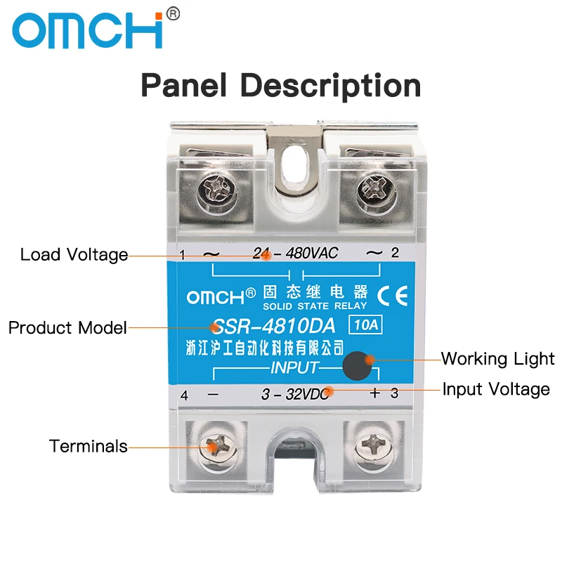 OMCH SSR-4810DA 25DA 40DA-100DA Single Phase Plastic Cover Solid State Relay DC Control AC 3-32VDC AC Control AC 50-280VAC