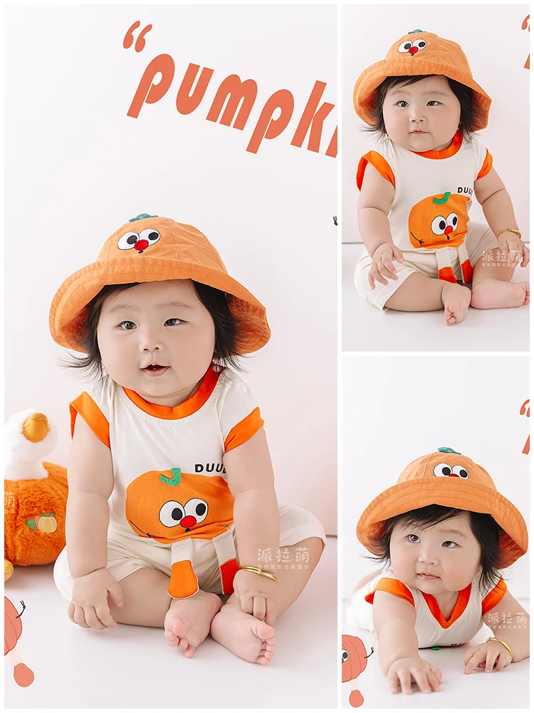 Childrens photography themed clothing 12 month old baby pumpkin themed photography studio photo shoot 아기 코스프레  아기 코스프레