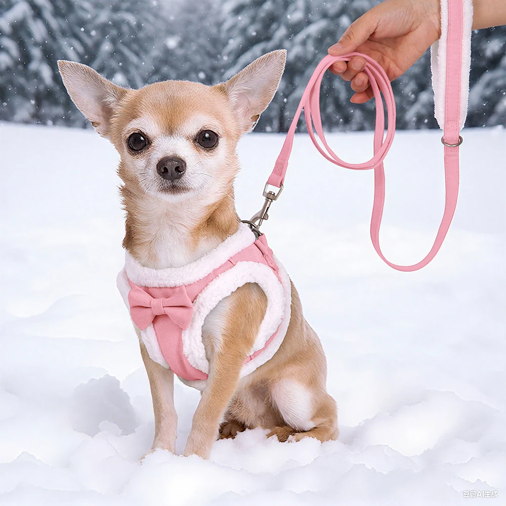 Set di guinzagli per cani morbidi Imbracature per cani regolabili con graziosi accessori per papillon Gilet invernale caldo per animali domestici Piombo per cani di piccola taglia media