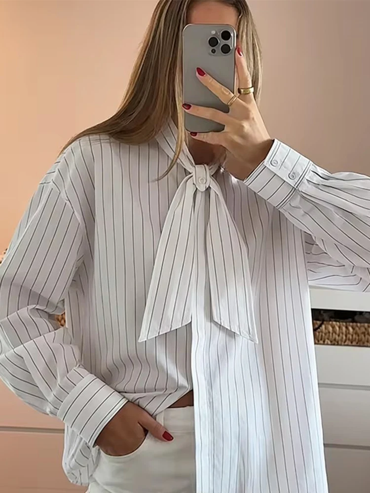 

Chic Fashion Stripe White Shirts for Women 2026 New Long Sleeve Scarf Collar Women's Casual Simple Style Shirt And Blouse Tops