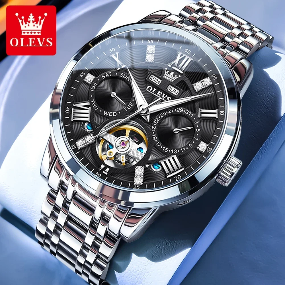 OLEVS Original Men's Watches Skeketon Flywheel Automatic Mechanical Wristwatch for Man Waterproof Luminous Perpetual Calendar