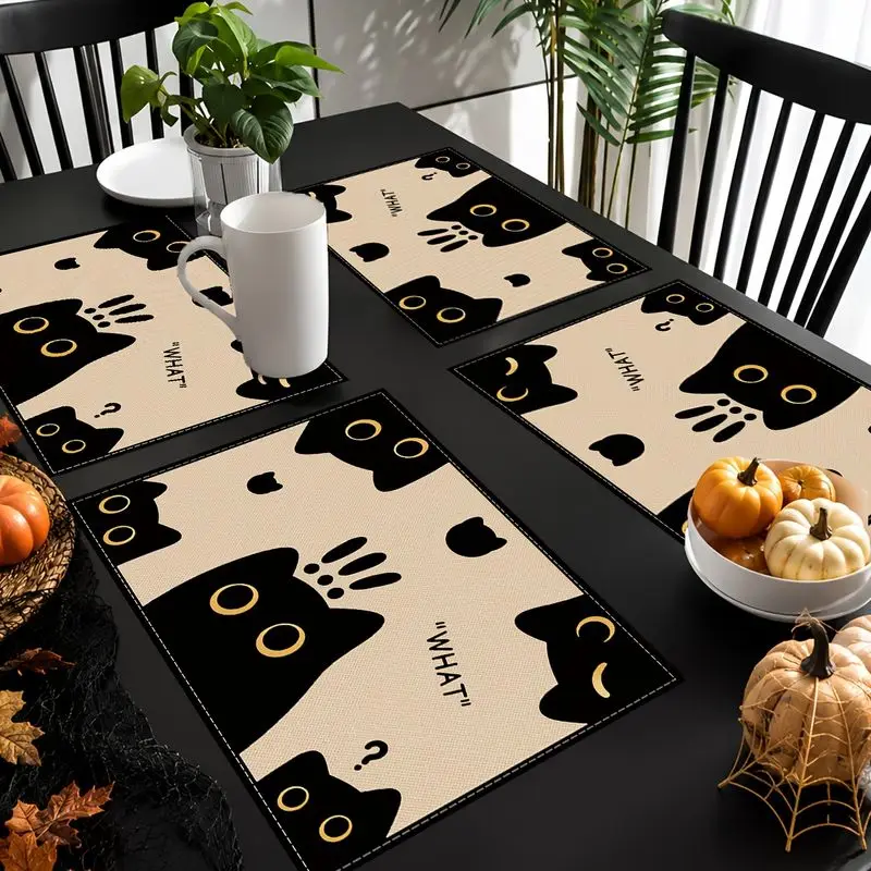 VIKAMA Halloween Placemat Black Cat Print Dining Table Mat Set for Kitchen Home Party Decor Washable Place Mats