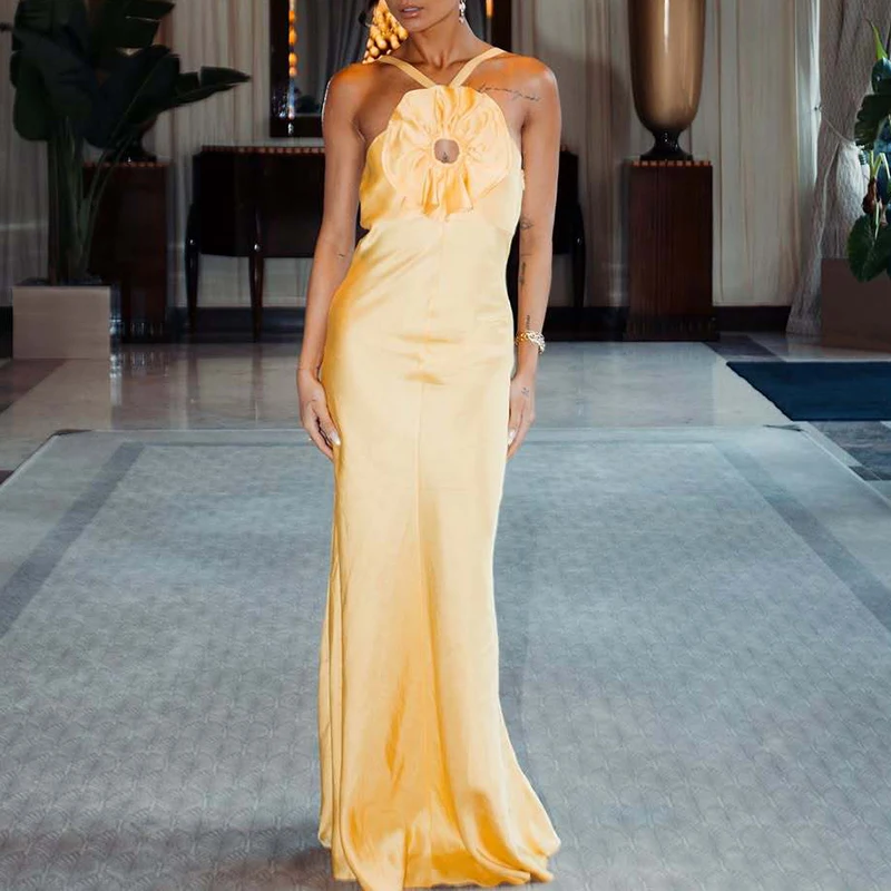 Luxury Satin Sleeveless Backless Gala Dress Elegant Lady Solid Color 3D Chest Floral Party Dress Fashion Hollow Out Halter Dress