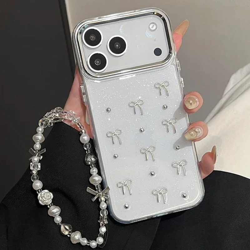 

Чехол для телефона INS с блестящим 3D серебряным бантом и бусинами для iPhone 17 Air 16 15 14 13 12 11 Pro Max 16E X XR XS 7 8 Plus с чехлом на ремешке