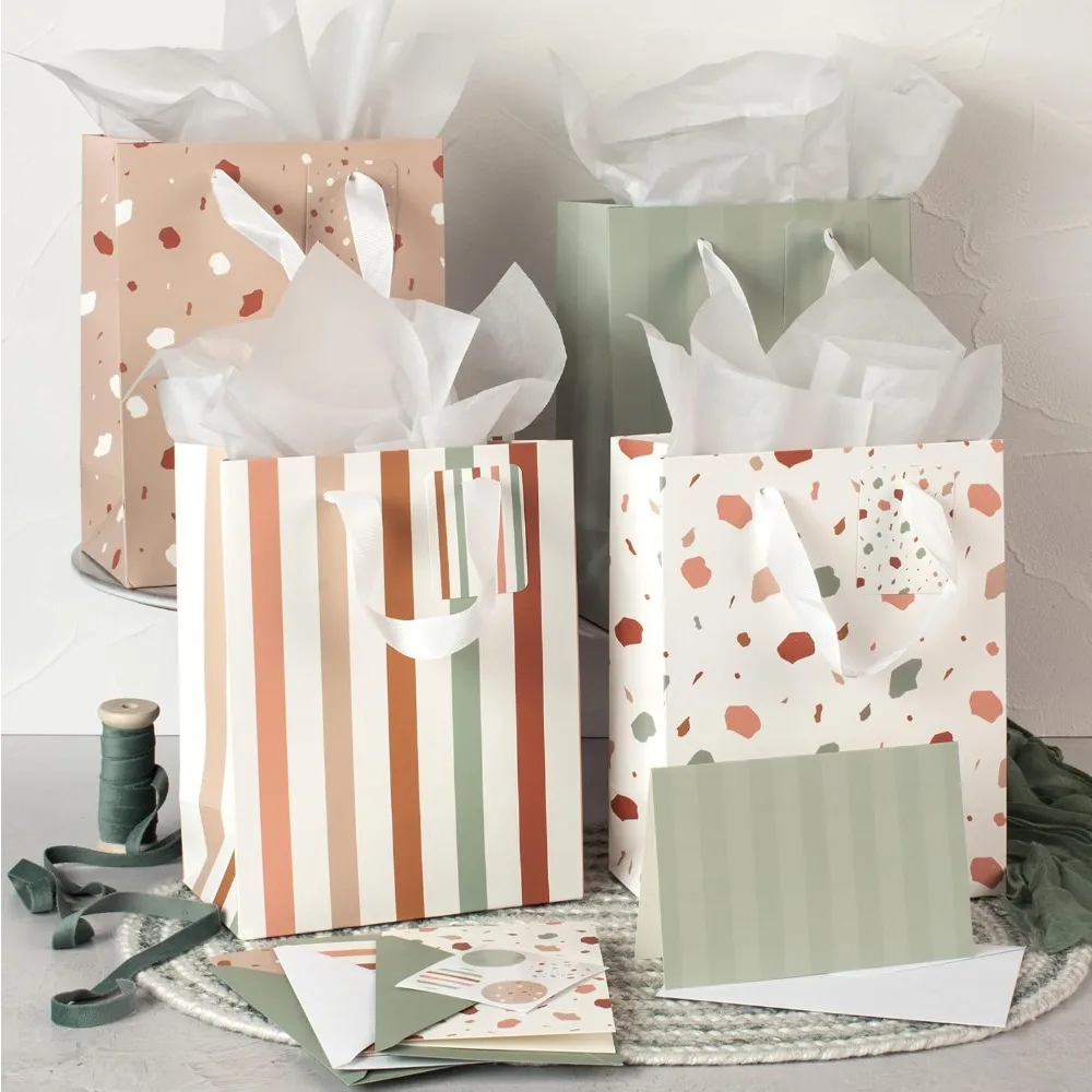 

Beautiful Gift Bags Set of 4 - Medium Sized 9 Bags with Handles incl. Matching Tissue Paper, Cards & Small Stickers - Reusable