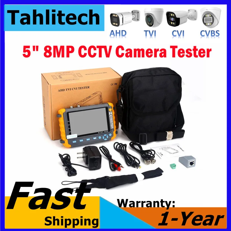 8MP AHD TVI CVI CVBS HD Coaxial CCTV Monitor Camera Tester Portable DC12V Powered Security Cam Tester Video Audio Tester 5 Inch