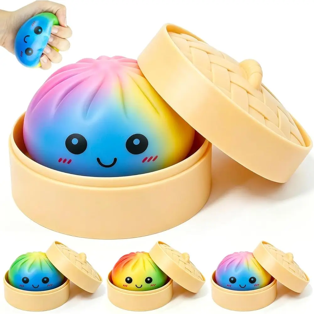 

1Pc Rainbow Dumpling Squishy Mystery Box with Steamer,3.15inch Sot Colorul Dumplings StrSensory Toy Desktop Squeeze Anxiety Reli