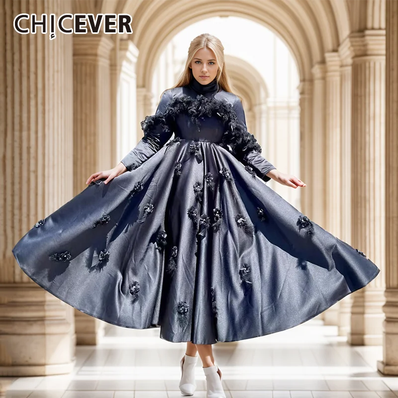 

CHICEVER Elegant Spliced Appliques Midi Dress For Women O Neck Long Sleeve High Waist Temperament Slim Dresses Female Clothing