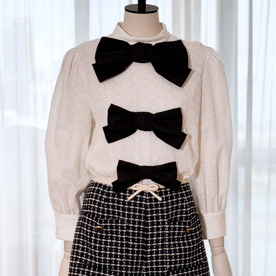 

NIGO Women's Spring/Summer/Fall Floral Hollow-Out Embroidered Solid-Color Bow Bubble-Sleeve Fitted Shirt #hz1122