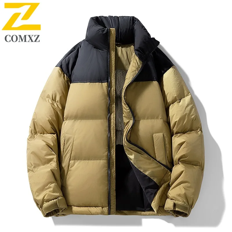 COMXZ Mens Down Jacket Fashion Stand Collar Outdoor Cycling Windproof Warm Parka Splicing Travel Cold Resistant Winter Coats