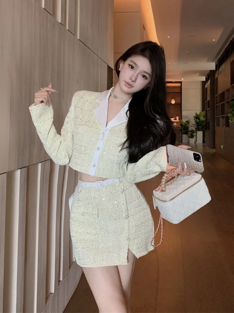 omen Sequins Spliced Collar Short Jacket Mini Skirt Two Piece Set Slim Fit Diamond Tweed Suit Night Clubwear Party Set