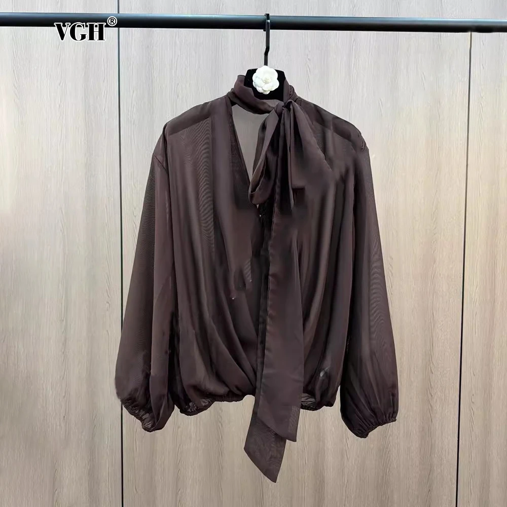 VGH Solid Casual Minimalist Blouse For Women V Neck Long Sleeve Loose Spliced Lacce Up Sheer Mesh Shirt Female Fashion Style New