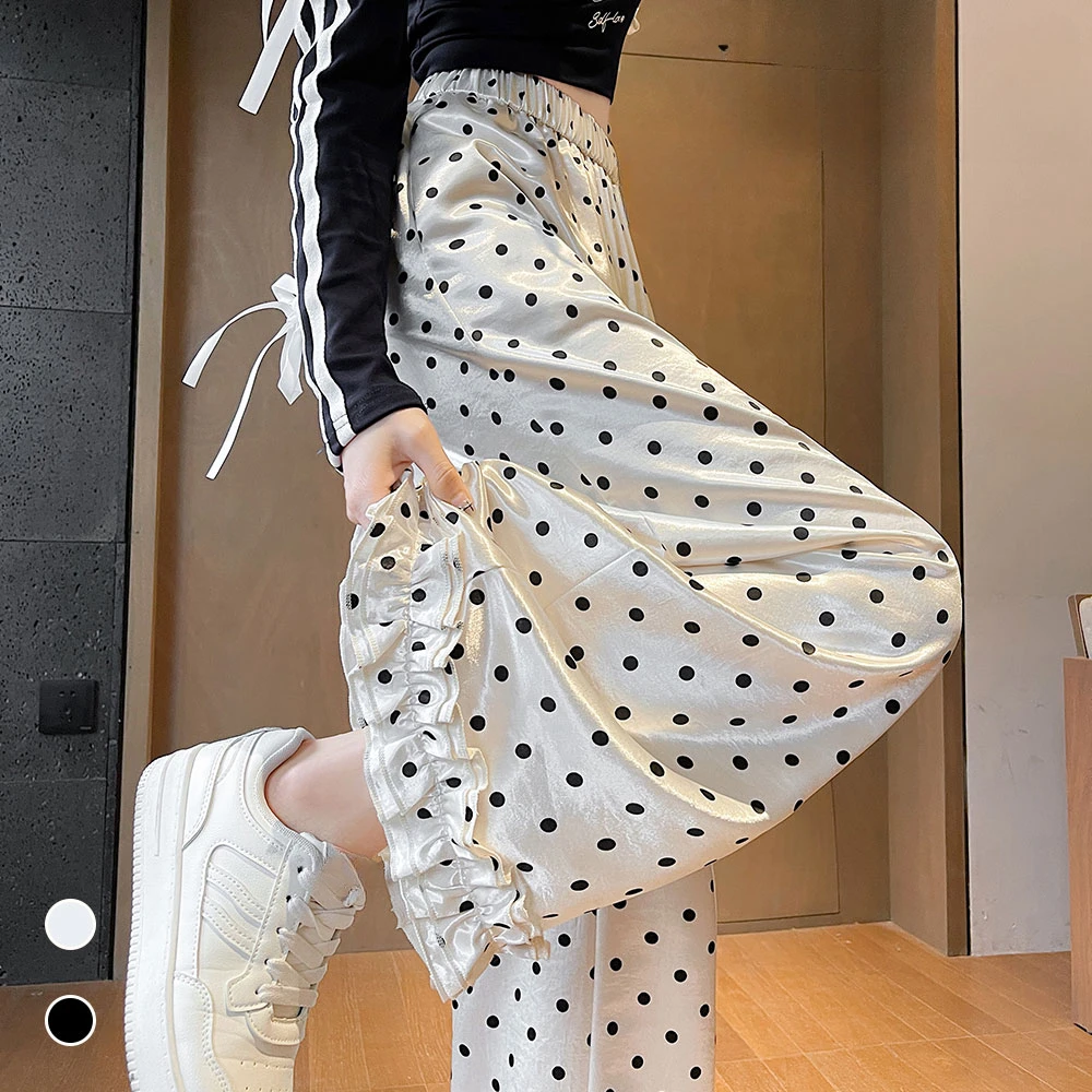 

Vintage Polka Dot Satin Loose Women's Wide Leg Full Pant 2025 New High Waist Spring Summer Casual Straight Trousers Female