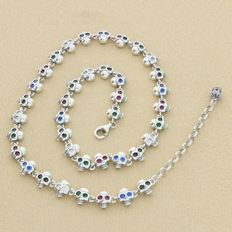 Cool Korean 925 Sterling Silver Colorful Zircon Unique Heavy Industry Skull Necklace for Men and Women Retro Super Texture Chain