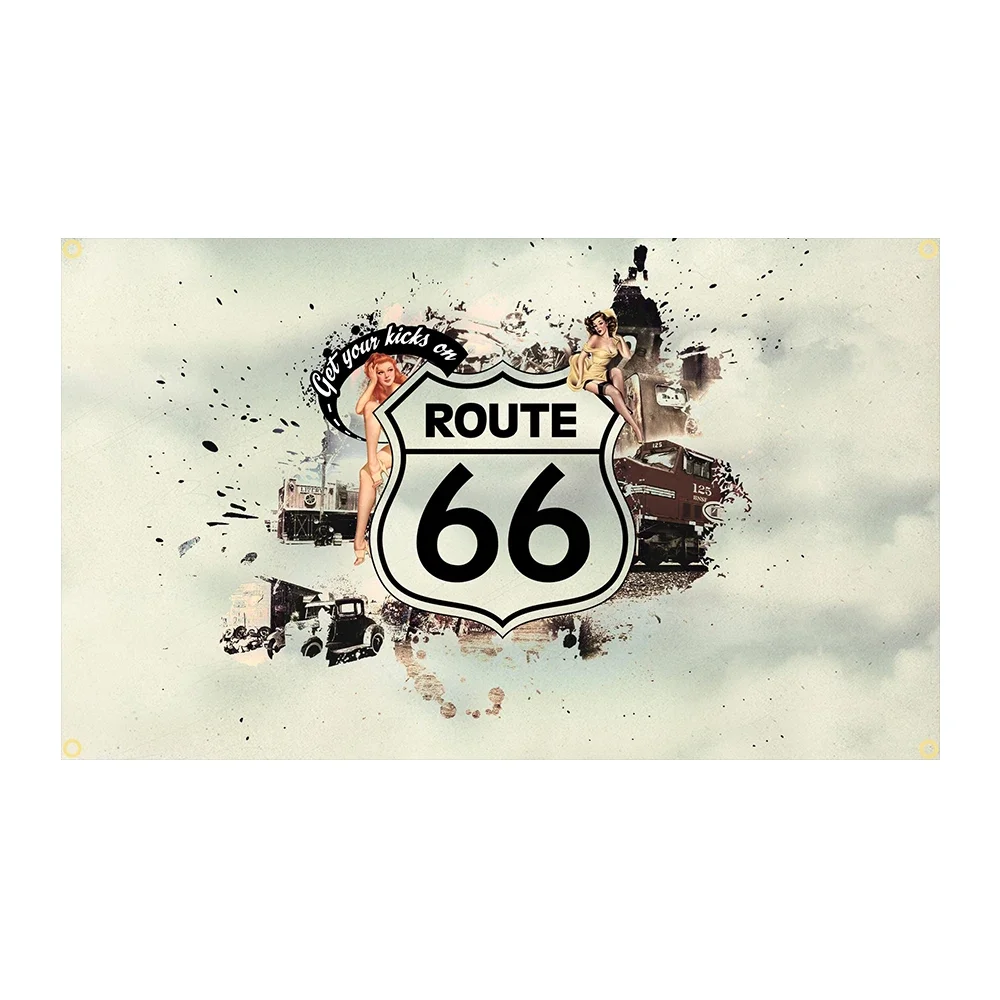 90x150cm Route 66 Poster Flag Polyester Decoration Motor Car Man Cave Garage Pub Club Banner Tapestry Jemony