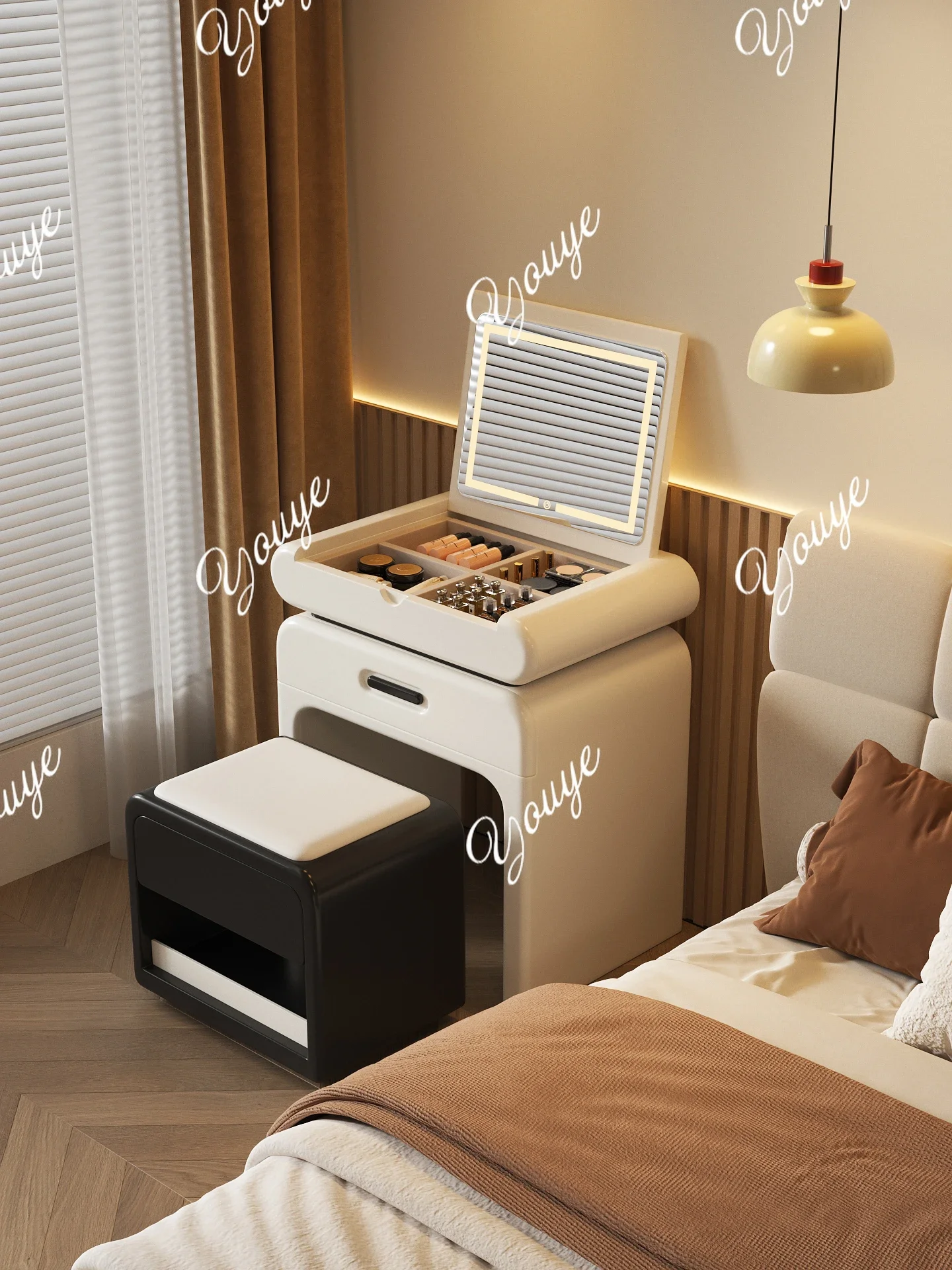 

XX Dresser Light Luxury Small Apartment Bedroom Bedside Table Solid Wood Flip Cover Cosmetic Table With Storage Cabinet Stool Co