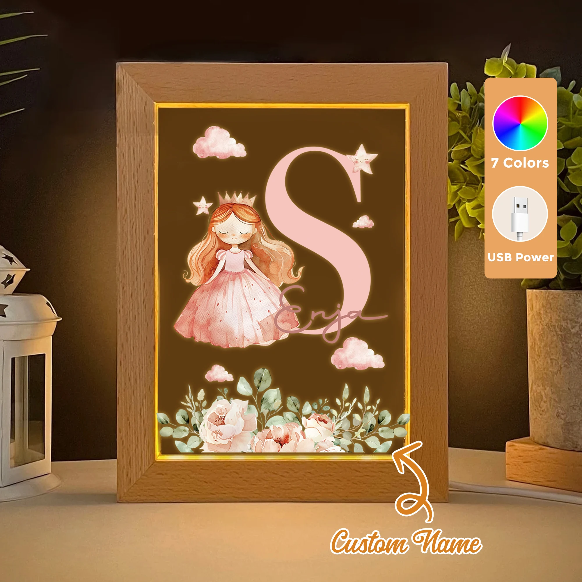 

2D Flat Custom Name Blonde Girl LED Acrylic Night Light Wood Photo Frame 21x17cm Cartoon Children Bedroom Gifts Home Decor Gift