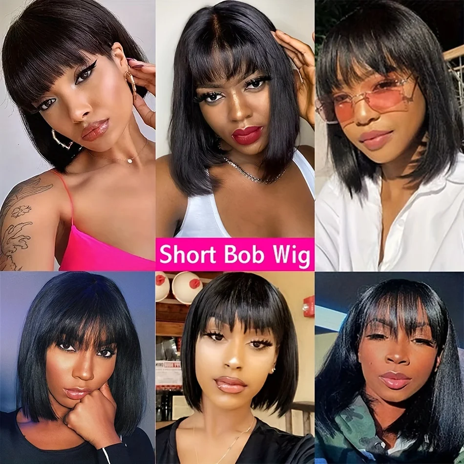 Cheap Glueless Short Straight Bob Human Hair Wigs With Bang Full Machine Made Wigs Brazilian Remy Wear and Go Bob Wig For Women