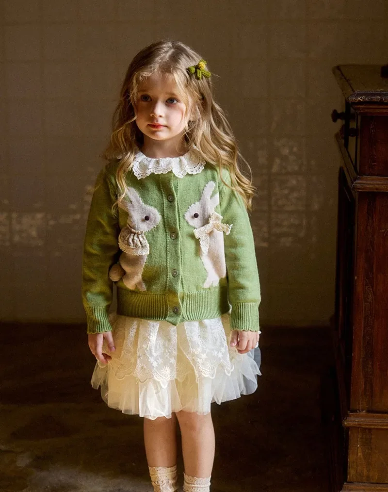OLEKID Kinder Mädchen Gestrickter Jacquard-Cardigan Herbst 2-8 Jahre Mädchen Kaninchen-Spitzenpullover Mantel Kleinkind Mädchen Blumen-Strickwaren – Detail 11