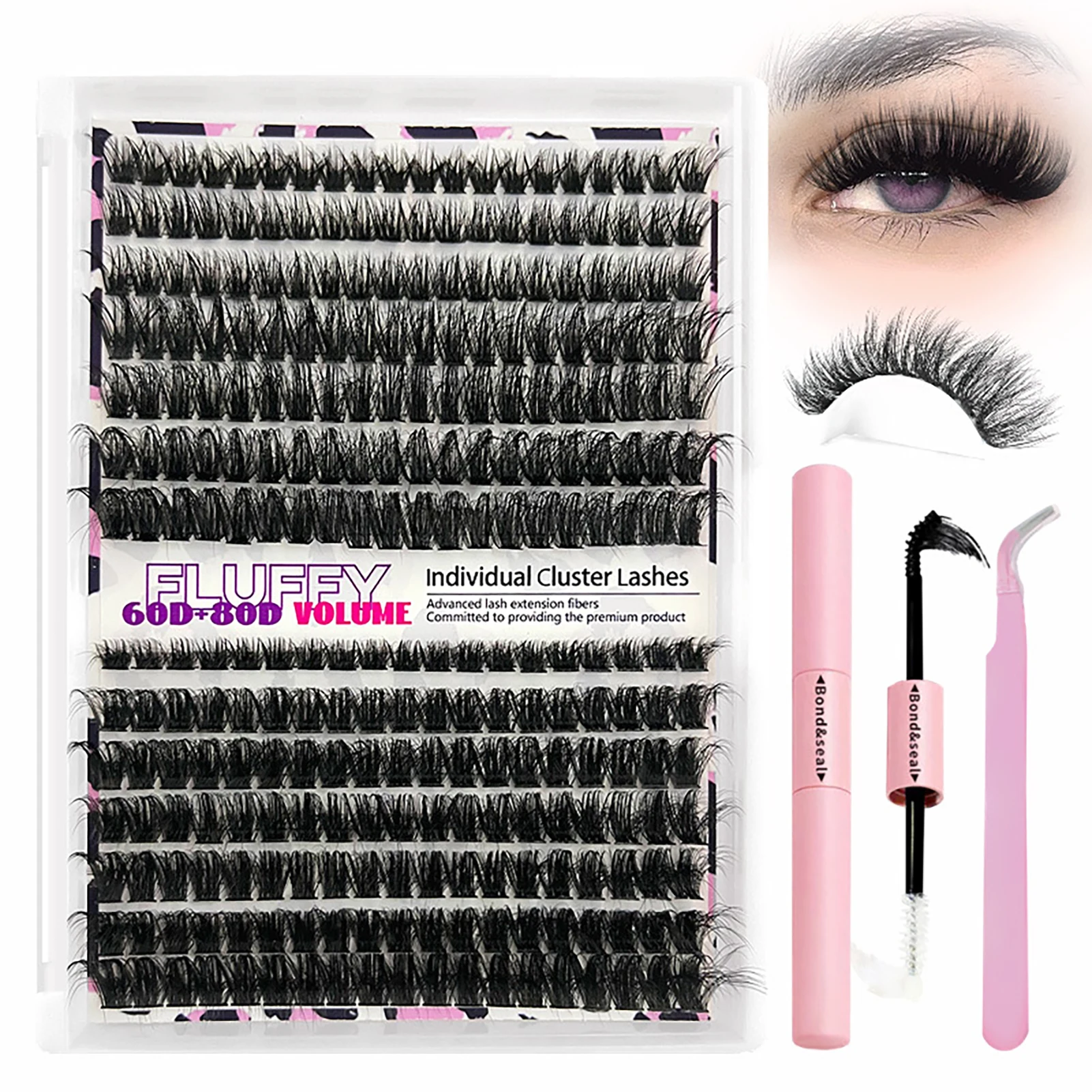 60D 80D Fluffy cluster lashes 320pcs Bond and Seal Strong glue DIY False Eyelashes extenstion Kit Volume individual Eyelashes