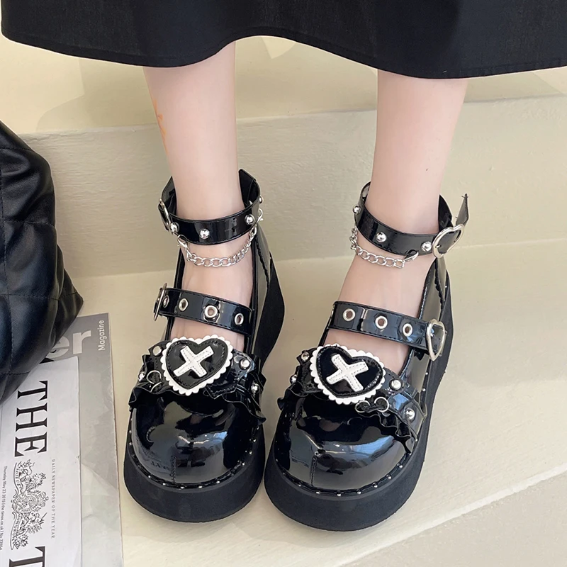 Punk Metal Chain Platform Lolita Shoes Women Patent Leather Mary Jane Shoes Woman Japanese Style Flat Heels Ankle Straps Shoes