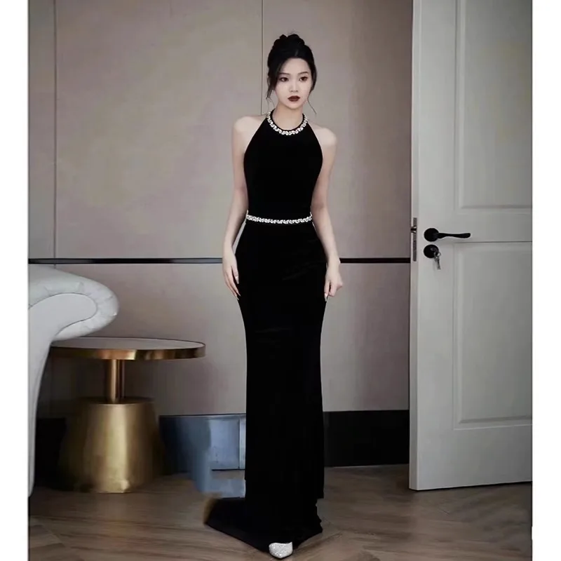 Women Black Velour Mermaid Formal Evening Dresses Sexy Heart Backless Long Prom Gowns