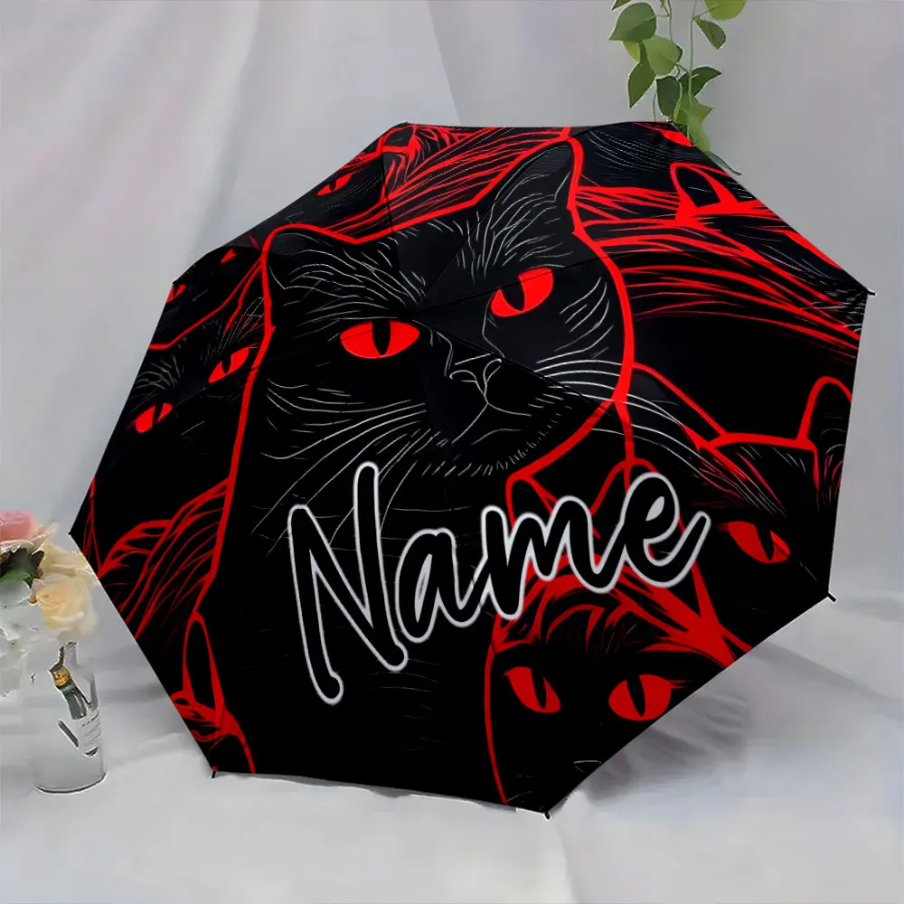 Custom Name Black Cat Design Umbrella with Red Highlights 8 Iron Ribs Folding Umbrella Auto-Open Fashionable Sunshade for Gift