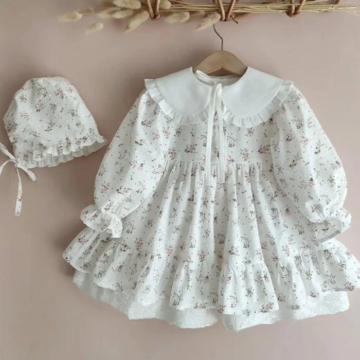 

2025 Spring and Autumn New Girl's Cotton Floral Lace Bottom Doll Collar Dress with Lotus Leaf Edge Collar Princess Skirt