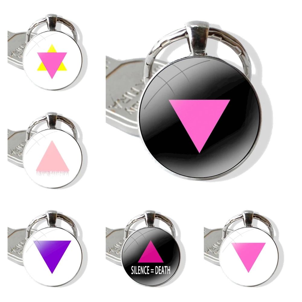 Keychain Handmade Glass Cabochon Key Ring Holder Pendant Key Chains Pink Triangle