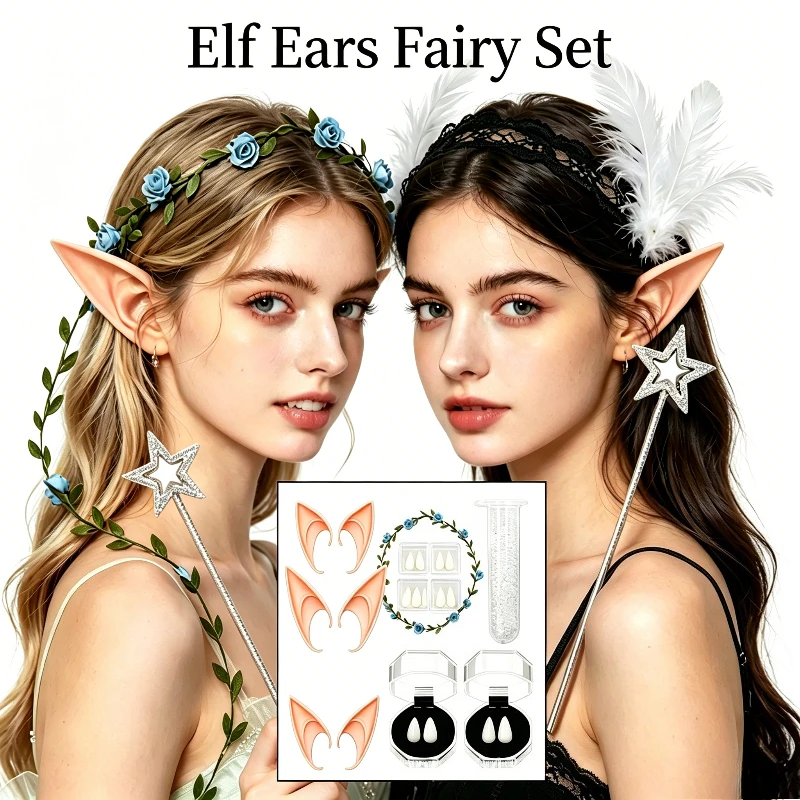 Halloween Fairy Cosplay Kit Twig Gem Headband Silicone Elf Ears Magic Wand Multi Color Party Accessory For Xmas Photo Shoot