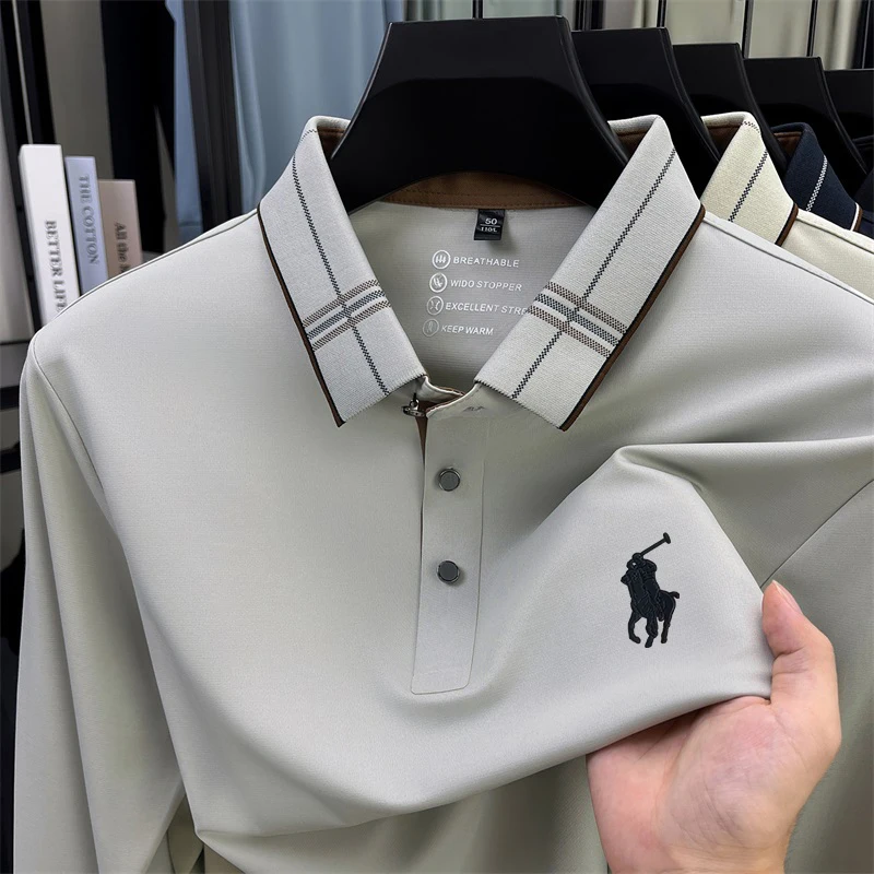 

Mulberry silk long sleeved T-shirt men's lapel polo shirt Spring and Autumn new style seamless long sleeved top men's clothing