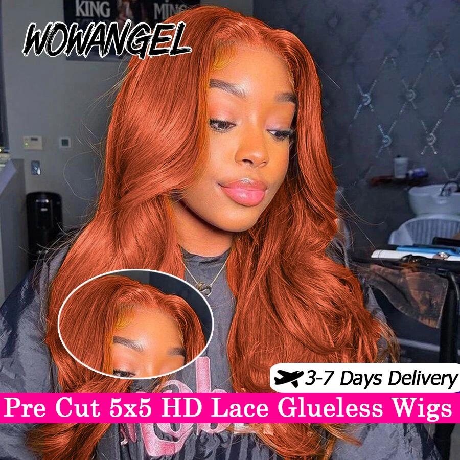 

Wow Angel 5x5 HD Lace Closure Wigs Body Wave Pre Cut Lace Glueless Ready To Go Ginger Orange Human Hair Wigs Brazilian Hair