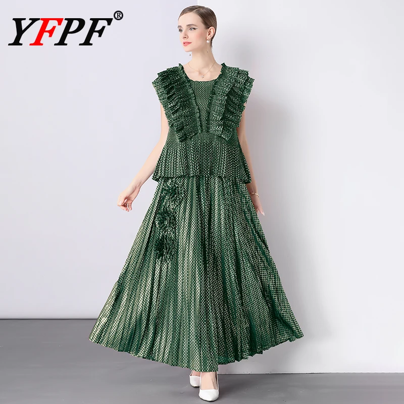 

YFPF Miyake Pleated Fashion Women's Set Sleeveless Ruffles Vest Tops + 3D Floral Spliced A Line Long Skirt Elegant 2025 New
