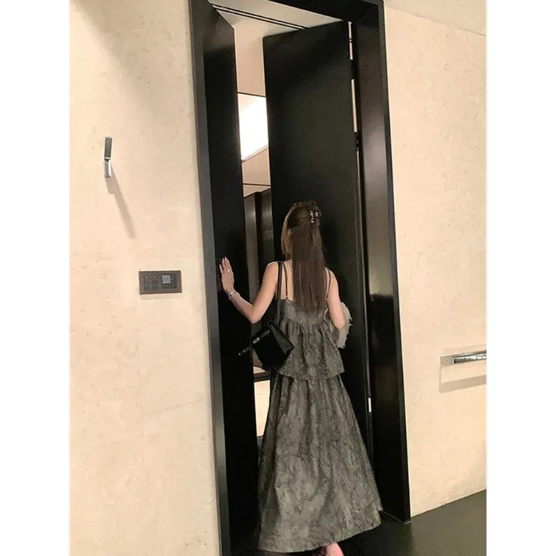 

Костюм с юбкой на бретелях и принтом для женщин, летний, в китайском стиле, длинная юбка, праздничный стиль