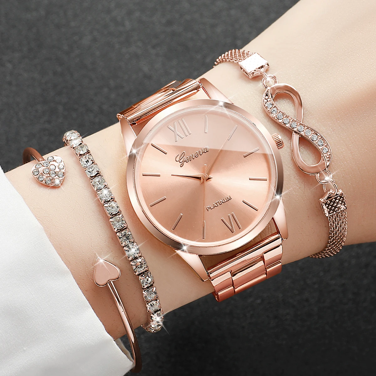 

4PCS Women's Geneva Watch & Bracelet Set Rose Gold Tone Round Dial Quartz Wristwatch with Rhinestone Heart Infinity Bracelets