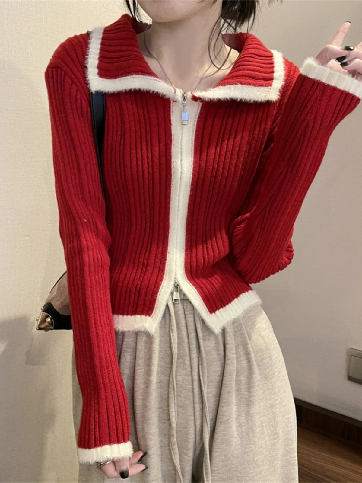 

Red Double Zipper Knitted Cardigan New Spring Women's Contrasting Collar Waist Cinching Slim Fit Sweater Fashion New Year Coat
