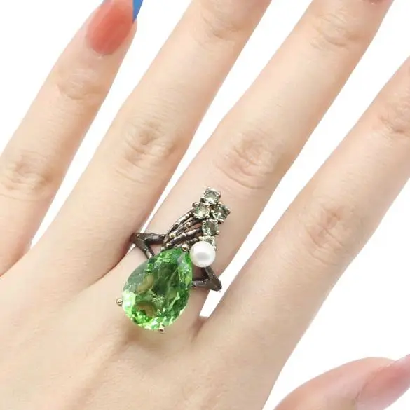 Buy 3 get 1 free 32x13mm Neo-Gothic 6.2g 18x13mm Green Tsavorite Garnet Vioelt Tanzanite Black Metal Silver Rings Eye Catching