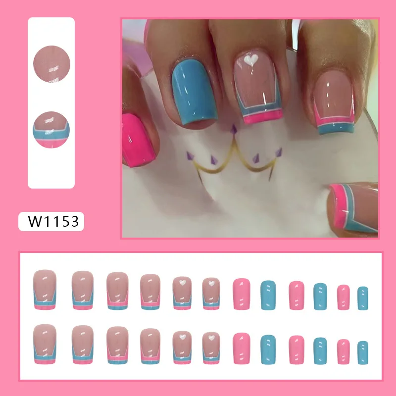 

24Pcs Medium Ballerina Press on Nails - French Tip with Hot Pink & Cobalt Blue Color Block | Bold European Style