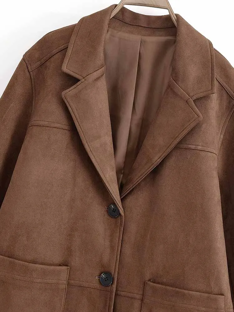 النمط الأوروبي والأمريكي الخريف موضة جديدة الملابس النسائية فضفاضة بسيطة متعددة الاستخدامات من جلد الغزال سترة فضفاضة