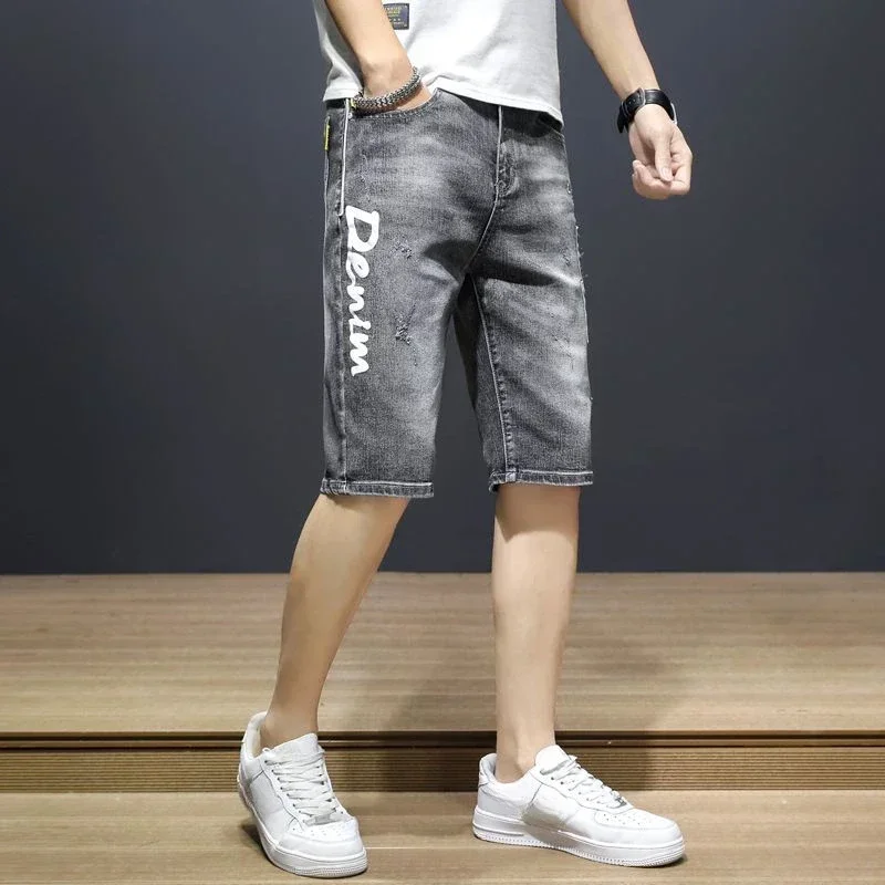 Short Jeans Pants for Men Half with Text Ripped Long Man Denim Shorts Bermuda Cowboy Jorts Xl Summer Korean Style Trend 2024