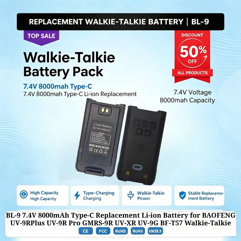 BL-9 7.4V 8000mAh Type-C Replacement Li-ion Battery for BAOFENG UV-9RPlus UV-9R Pro GMRS-9R UV-XR UV-9G BF-T57 Walkie-Talkie