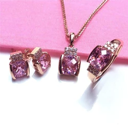 Romantic sweet style square pale pink gemstone jewelry set wedding necklac 585 purple gold 14K rose gold ring earrings for women