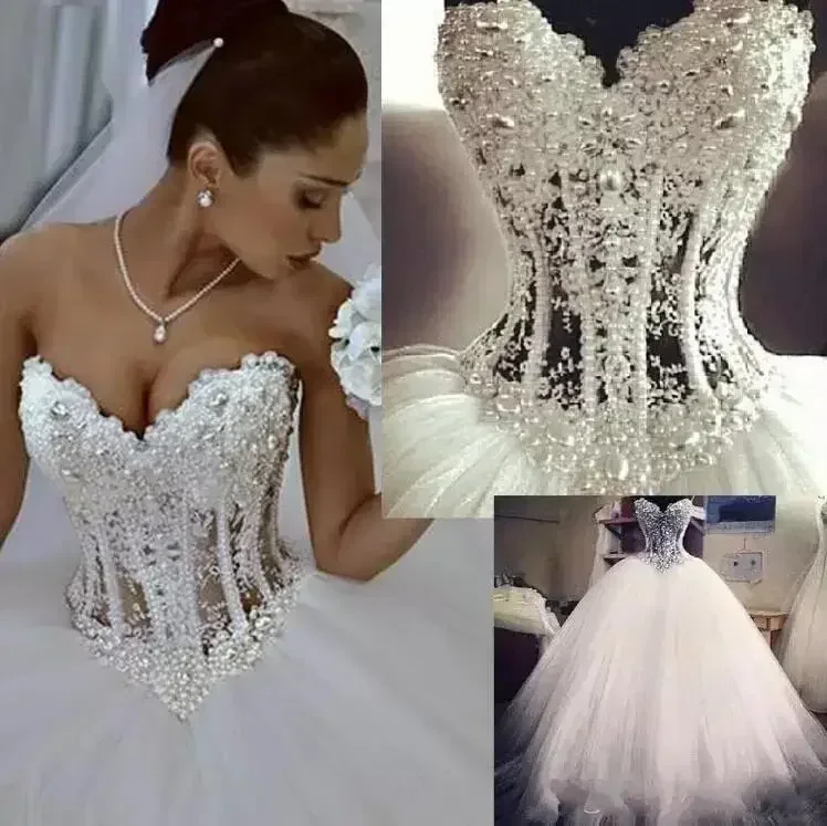 Customized Major Beading White Sweetheart Wedding Dresses Llusion Bodice Ball Pearls Tulle Bride Gowns Lace-up Backless
