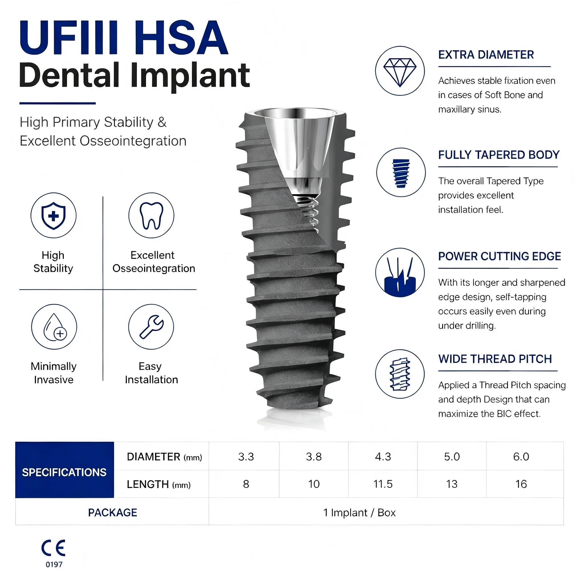 Dental DIO UFIII HSA Implant Fixture Internal Hex Submerged Type Grade 4 Titanium SLA Surface for Dental Surgery