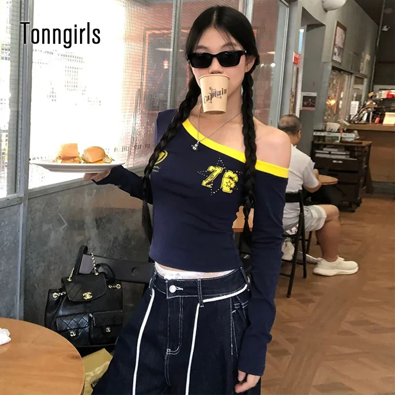 

Tonngirls Korean Print Graphic Tops Women Off Shoulder Irregual Y2k Aesthetic Grunge Tops Streetwear American Retro 90s Tshirts