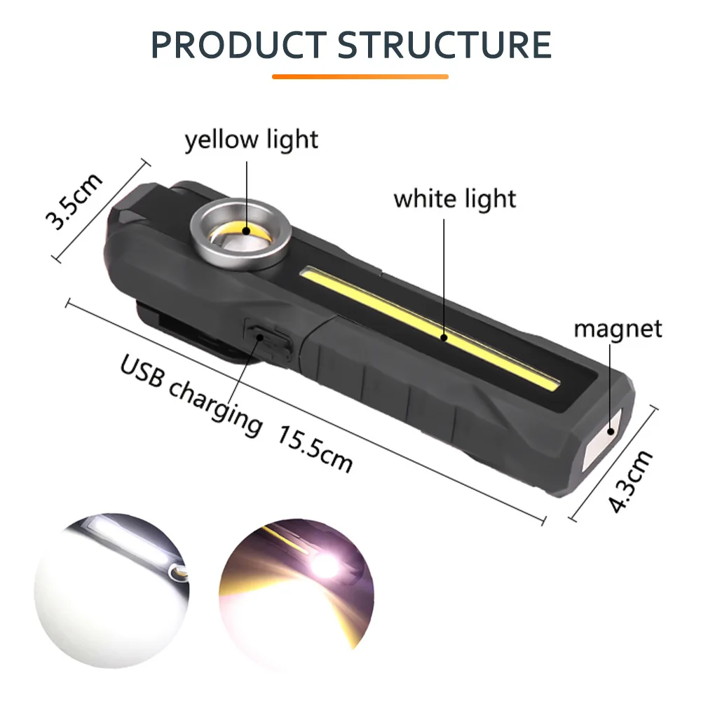Magnetic COB LED Working Light USB Charging Flashlight Inspection Light Handy Torch Portable Lantern With Hook Mobile Power Bank