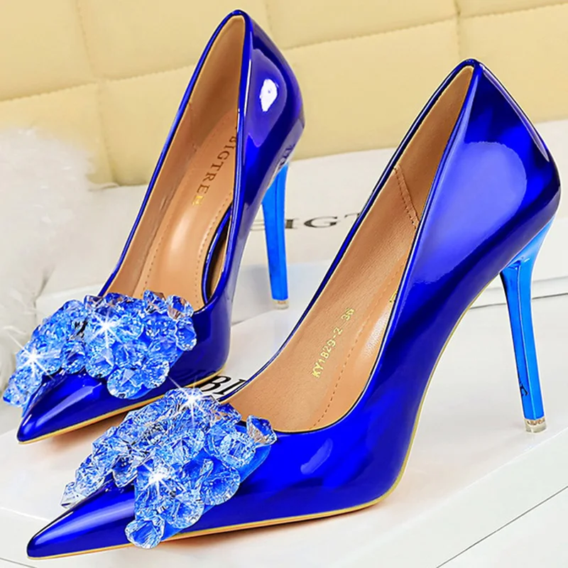 Women 10.5cm High Heels Sexy Rhinestone Green Blue Pointed Toe Party Pumps Lady Glossy Leather Bling Crytsal Nightclub Shoes