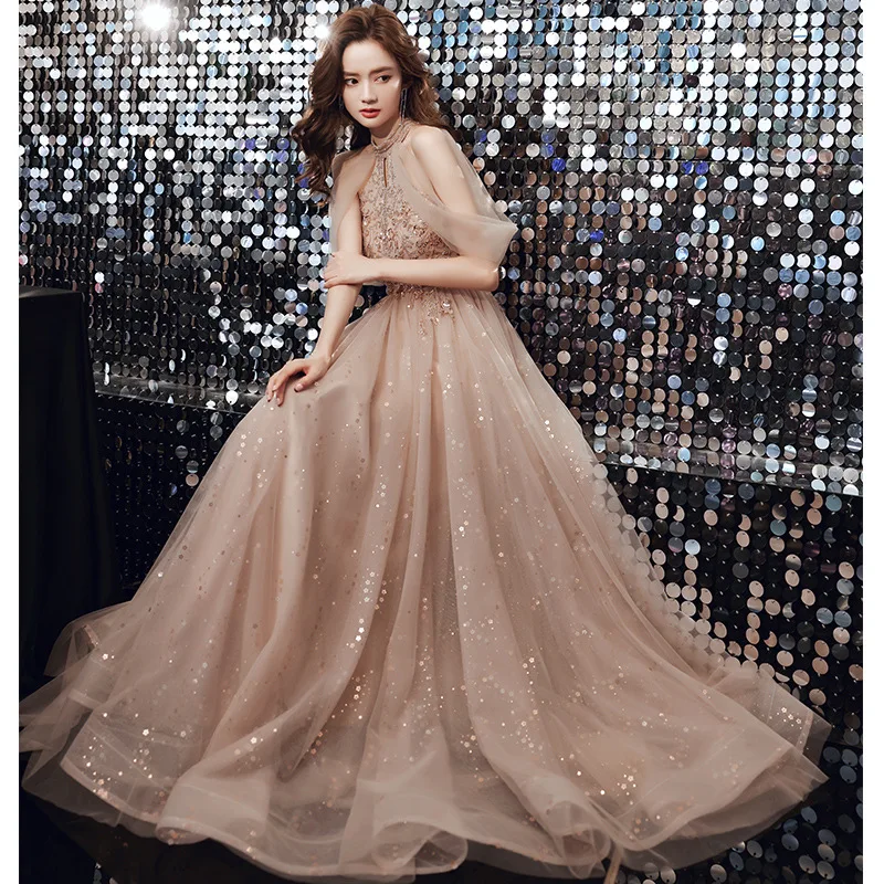 Elegant Halter Evening Dresses Women Champagne Sequin Tulle Floor-length Prom Gowns Temperament Bridesmaid Party Formal Dress