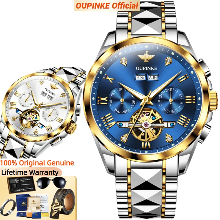 

OUPINKE Mechanical Men's Watch Multi-functional Self-winding Watch Skeleton Waterproof Luxury Wristwatches 3240