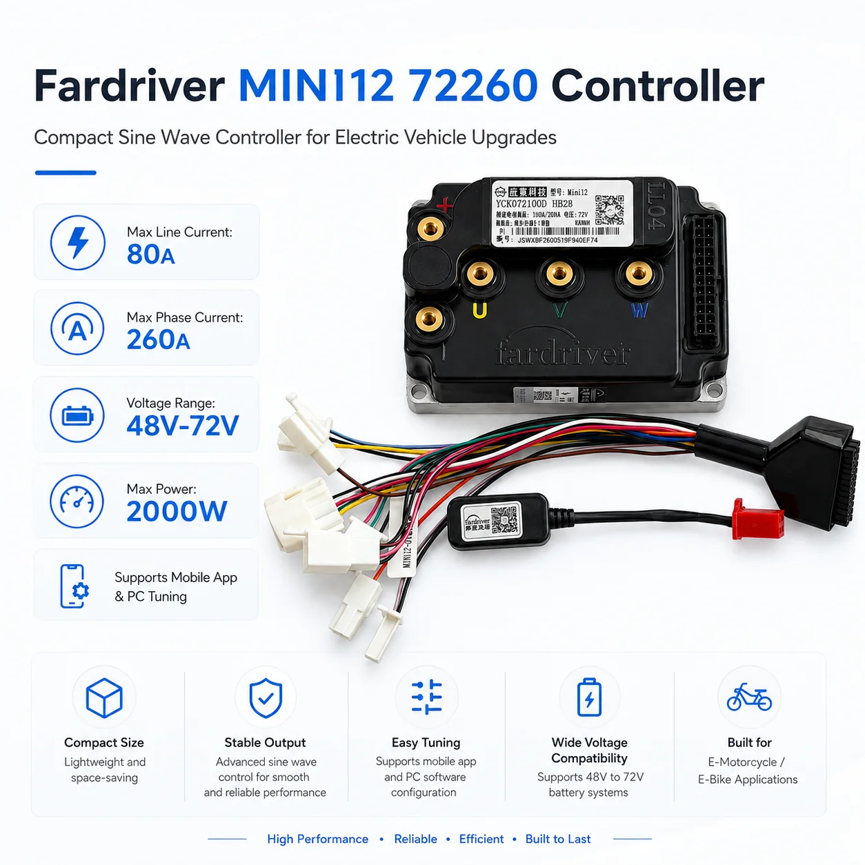 Fardriver MINI12 72260 48-72V 80A 2KW Sine Wave Motorcycle Programming for Electric Motorcycles Made in Mainland China